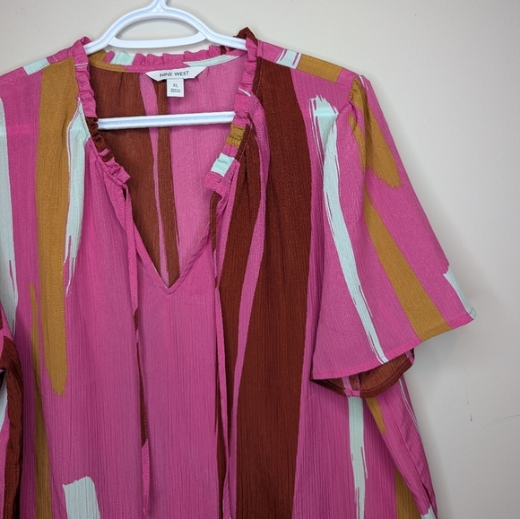 Nine West Women's XL Pink Abstract Print Blouse Top Short Sleeve Boho Flowy - Picture 4 of 7